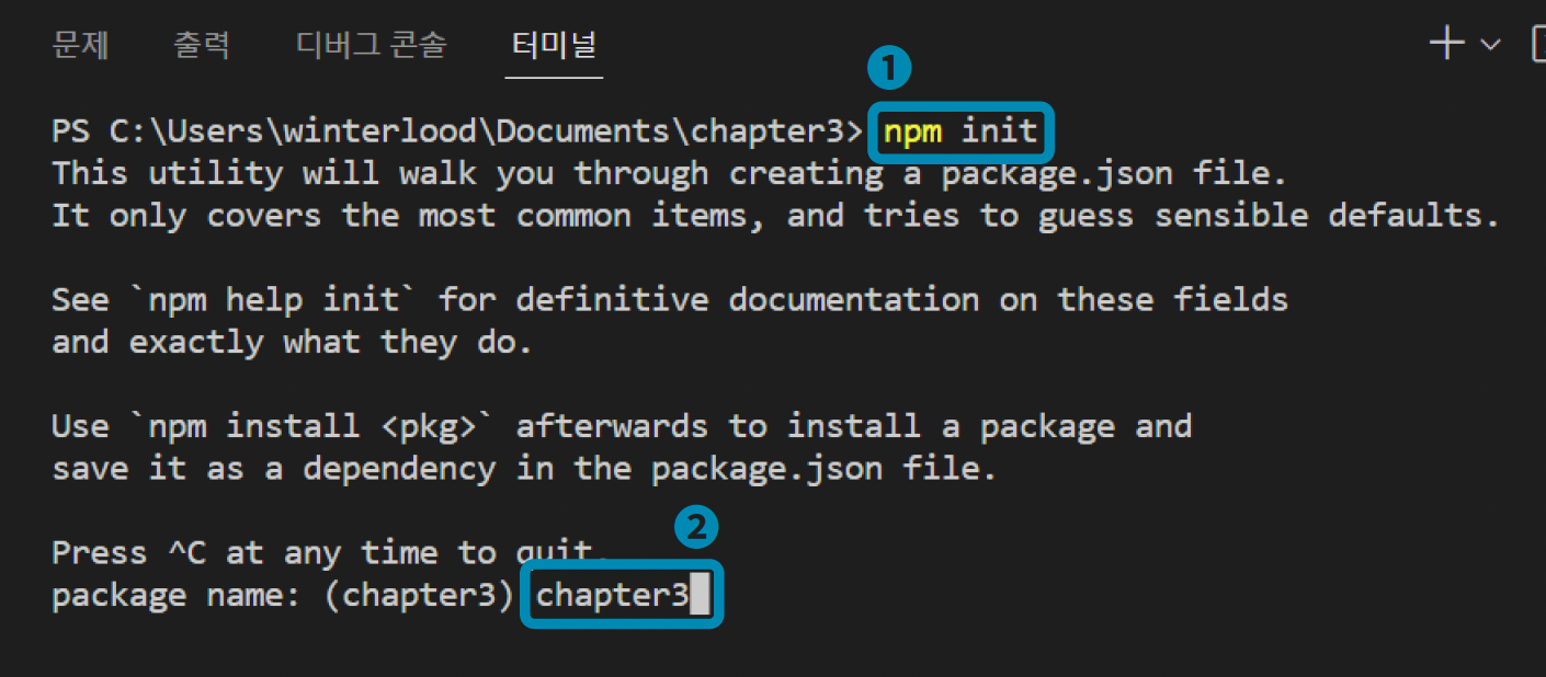 npm init 이후 패키지 이름 입력하기